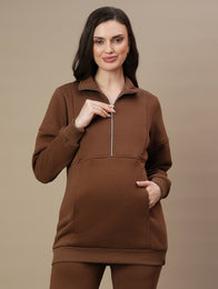 Winter Fleece Maternity Sweatshirt Top- Brown