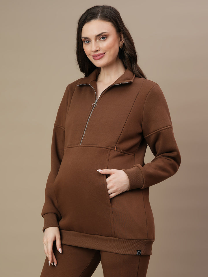 Winter Fleece Maternity Sweatshirt Top- Brown