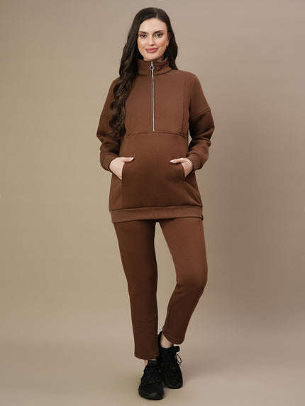 Winter Fleece Maternity Sweatshirt Top- Brown