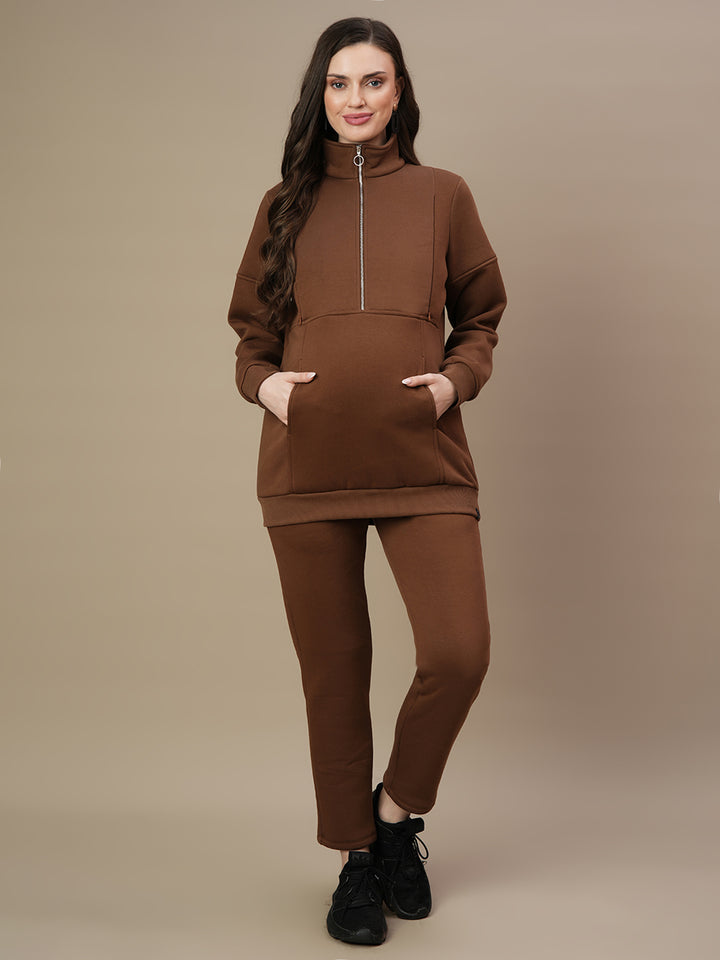 Winter Fleece Maternity Sweatshirt Top- Brown