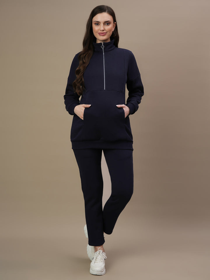 Winter Fleece Maternity Sweatshirt Top- Navy Blue