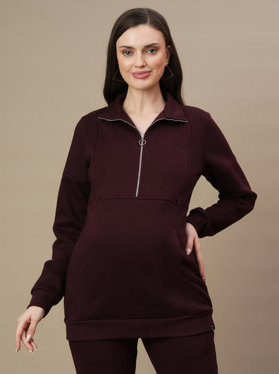 Winter Fleece Maternity Sweatshirt Top- Wine Berry
