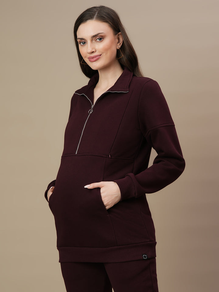 Winter Fleece Maternity Sweatshirt Top- Wine Berry