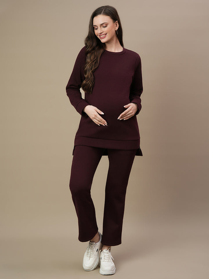 Winter Fleece Maternity Sweatshirt- Wine Berry