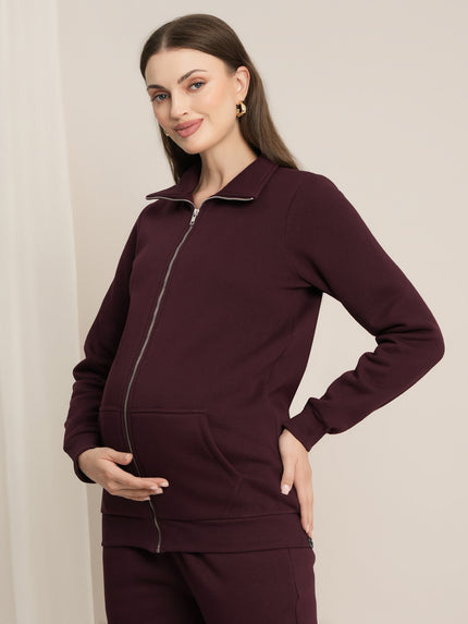 Maternity Winter Fleece Co-ord Set with Zip - Wine