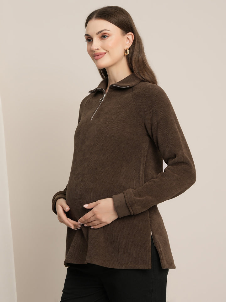 Maternity Winter Half-Zip Nursing Sweatshirt Top