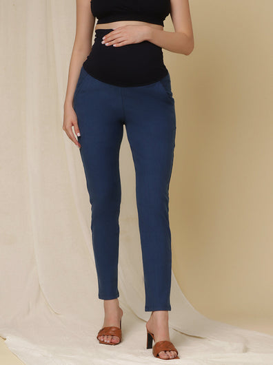 Winter Fleece Maternity Denim Pants- Denim Blue