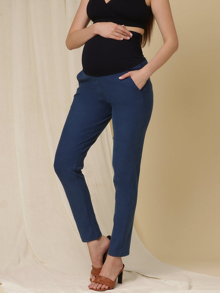 Winter Fleece Maternity Denim Pants- Denim Blue