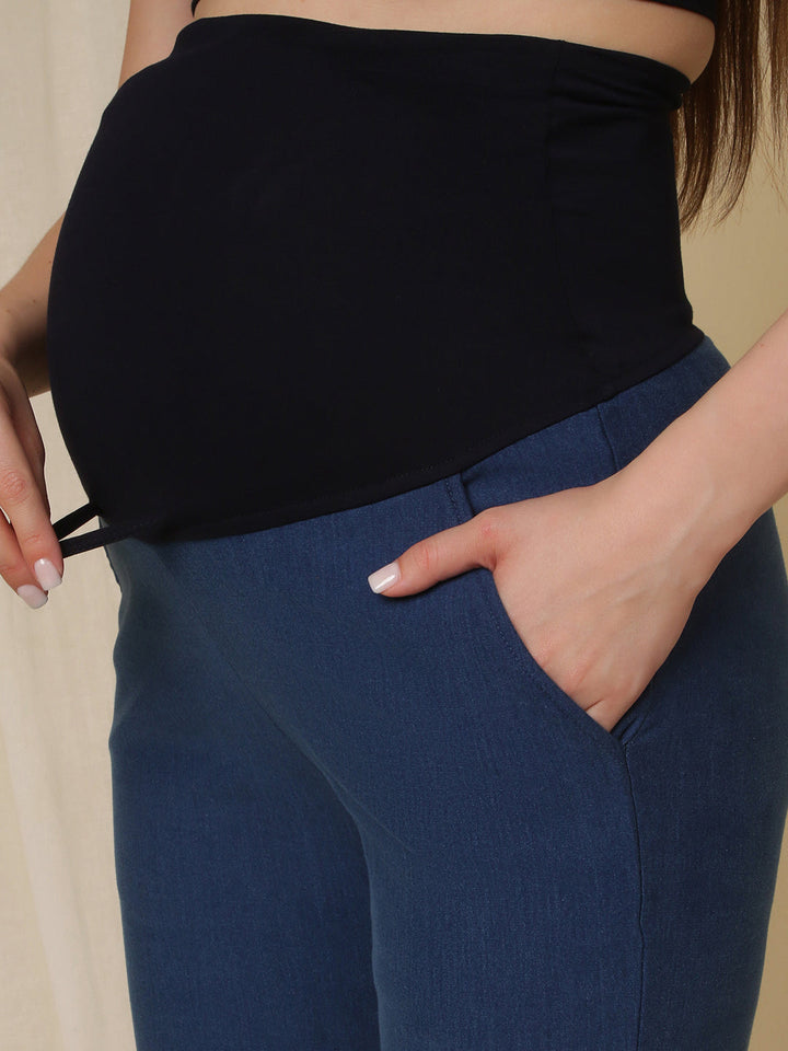 Winter Fleece Maternity Denim Pants- Denim Blue