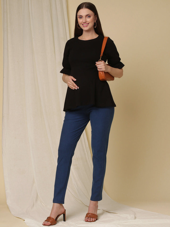 Winter Fleece Maternity Denim Pants- Denim Blue