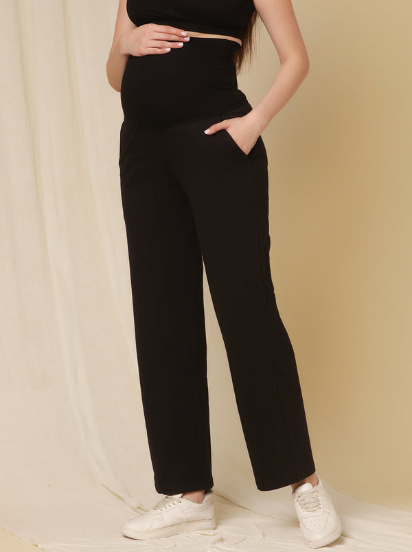 Maternity Fleece Winter Wide-leg Pants- Black