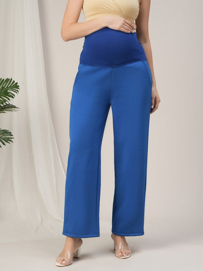 Maternity Fleece Winter Wide-leg Pants- Blue
