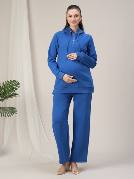 Maternity Fleece Winter Wide-leg Pants- Blue