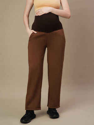 Maternity Fleece Winter Wide-leg Pants- Brown