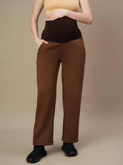 Maternity Fleece Winter Wide-leg Pants- Brown