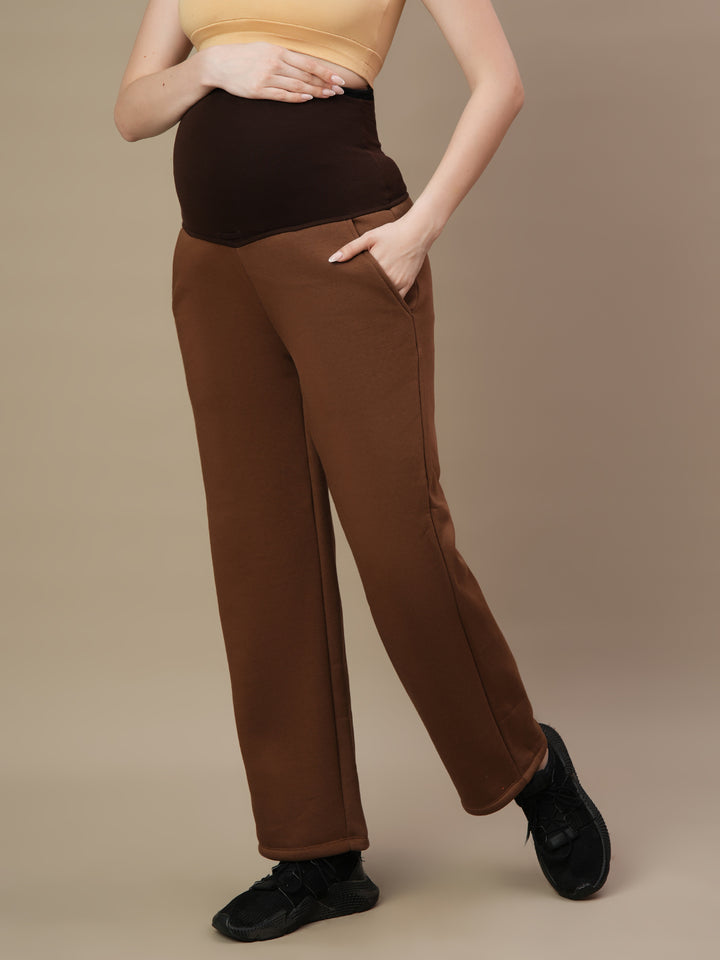 Maternity Fleece Winter Wide-leg Pants- Brown