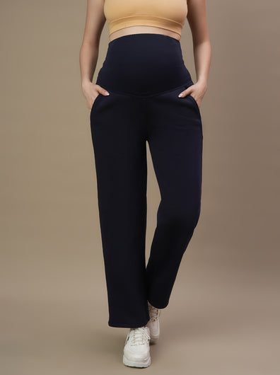 Maternity Fleece Winter Wide-leg Pants- Navy Blue