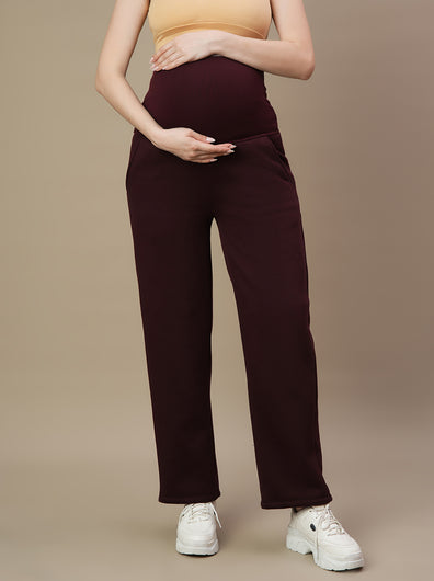 Maternity Fleece Winter Wide-leg Pants- Wine Berry