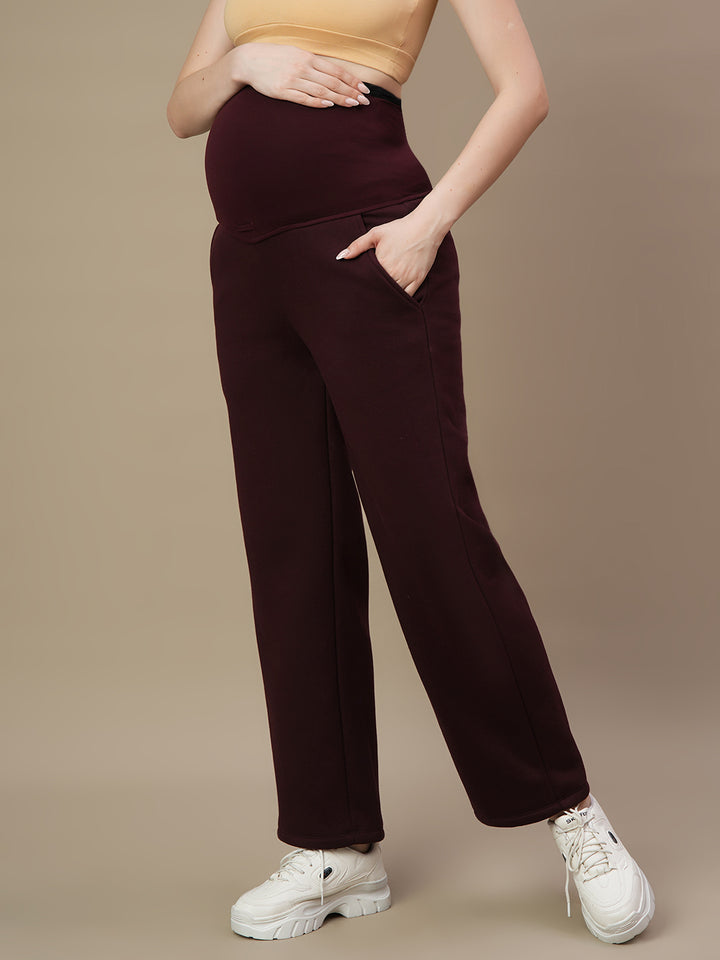 Maternity Fleece Winter Wide-leg Pants- Wine Berry