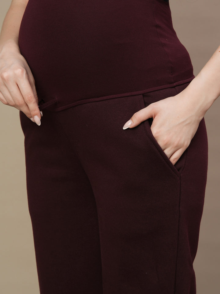 Maternity Fleece Winter Wide-leg Pants- Wine Berry
