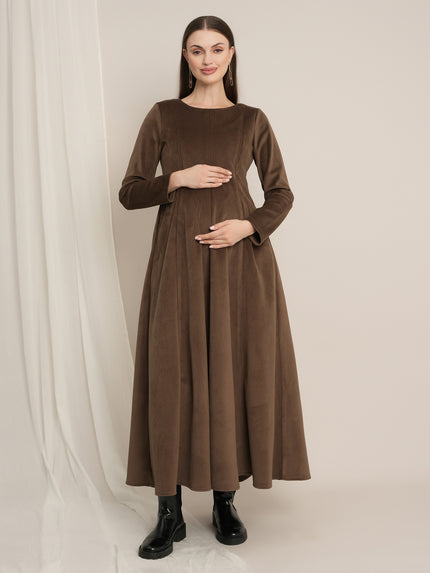 Brown Maternity Winter Fleece Panelled A-Line Maxi Dress