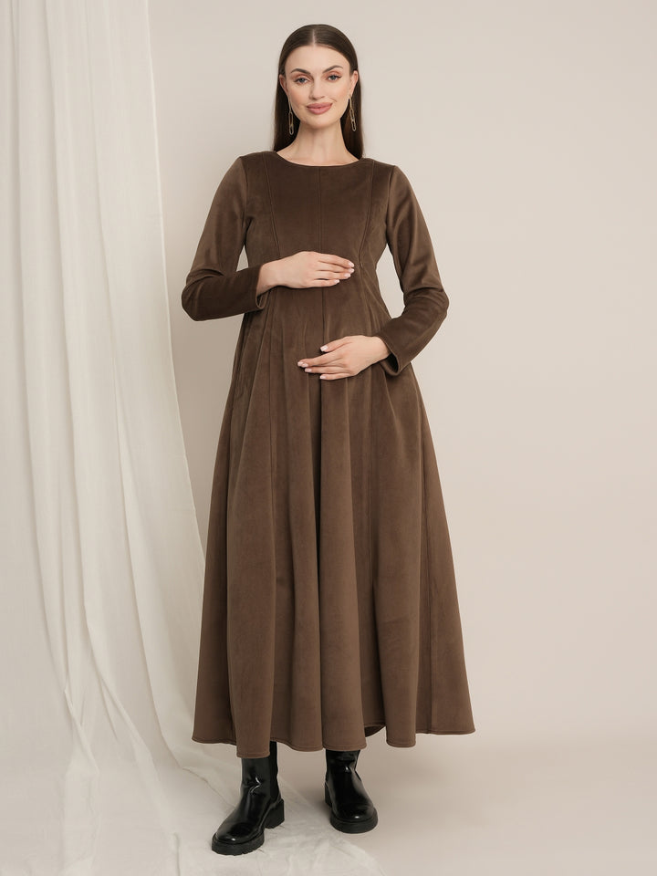 Brown Maternity Winter Fleece Panelled A-Line Maxi Dress