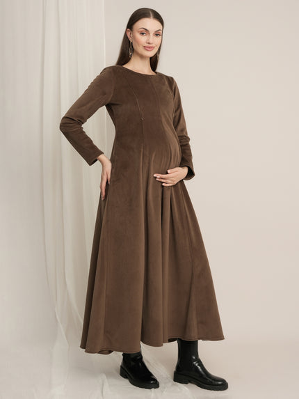 Brown Maternity Winter Fleece Panelled A-Line Maxi Dress