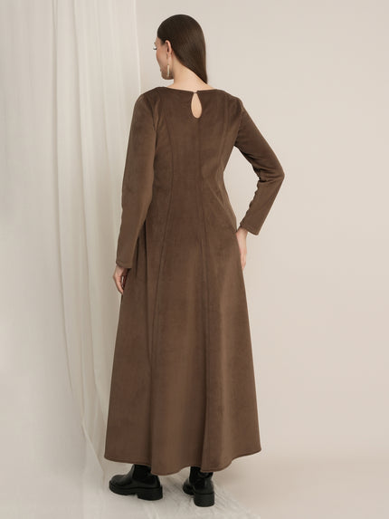 Brown Maternity Winter Fleece Panelled A-Line Maxi Dress
