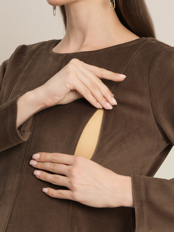Brown Maternity Winter Fleece Panelled A-Line Maxi Dress