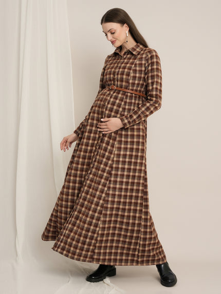 Maternity Winter Woolen Maxi Shirt Dress