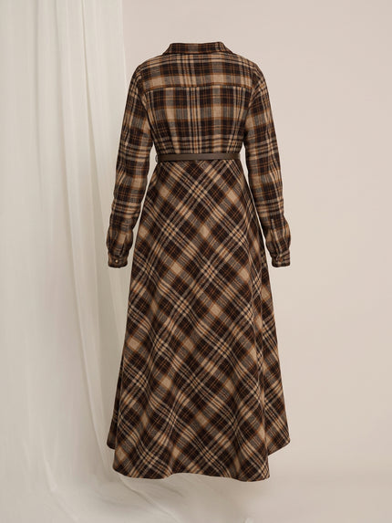 Brown Plaid Maternity Winter Woolen Midi Dress with Belt