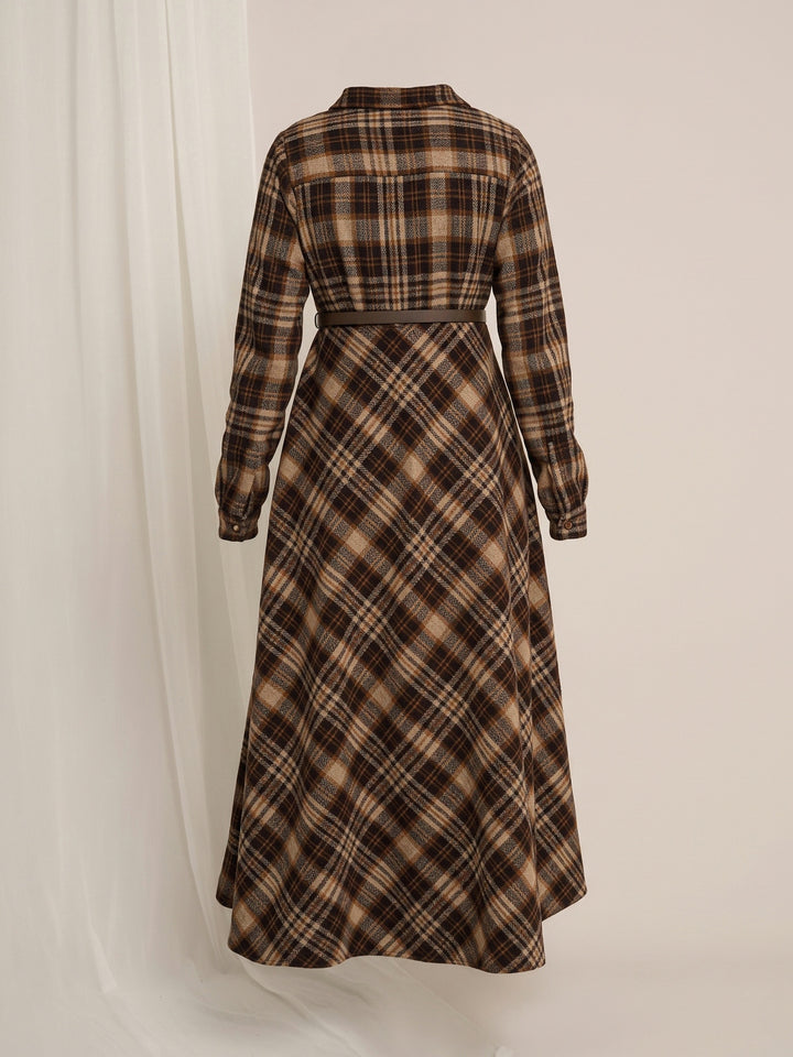 Brown Plaid Maternity Winter Woolen Midi Dress with Belt