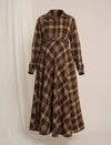 Brown Plaid Maternity Winter Woolen Midi Dress with Belt