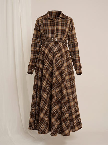 Brown Plaid Maternity Winter Woolen Midi Dress with Belt