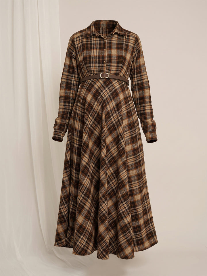 Brown Plaid Maternity Winter Woolen Midi Dress with Belt