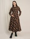Brown Plaid Maternity Winter Woolen Midi Dress with Belt