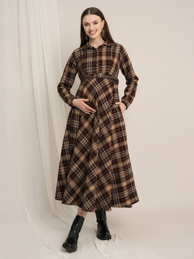 Brown Plaid Maternity Winter Woolen Midi Dress with Belt