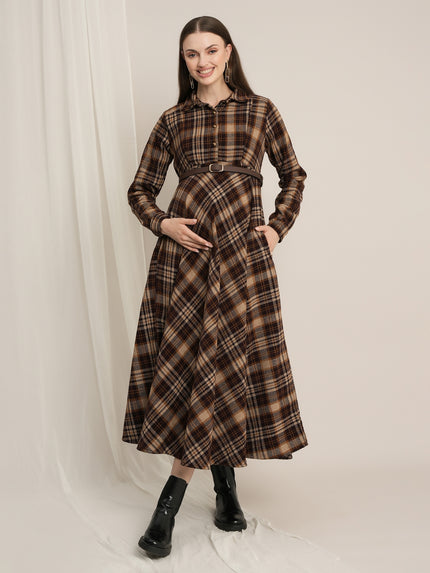 Brown Plaid Maternity Winter Woolen Midi Dress with Belt