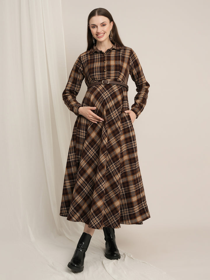 Brown Plaid Maternity Winter Woolen Midi Dress with Belt