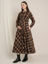 Brown Plaid Maternity Winter Woolen Midi Dress with Belt
