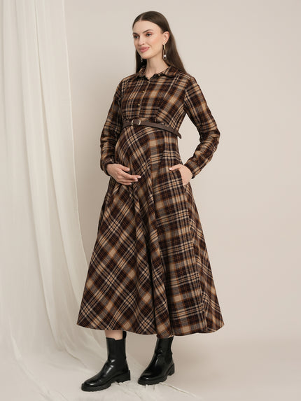 Brown Plaid Maternity Winter Woolen Midi Dress with Belt