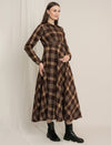 Brown Plaid Maternity Winter Woolen Midi Dress with Belt