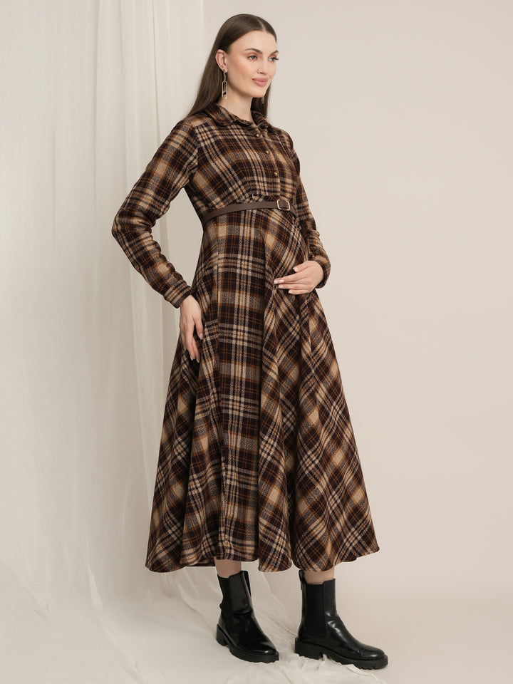 Brown Plaid Maternity Winter Woolen Midi Dress with Belt