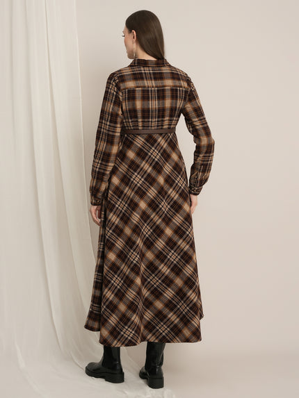 Brown Plaid Maternity Winter Woolen Midi Dress with Belt