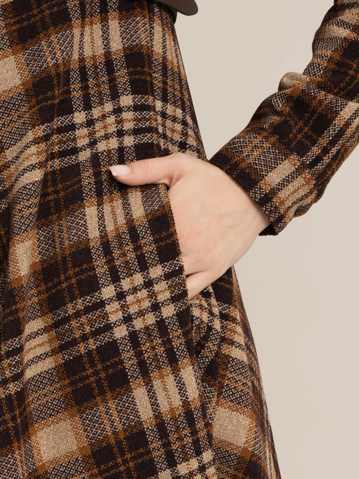 Brown Plaid Maternity Winter Woolen Midi Dress with Belt
