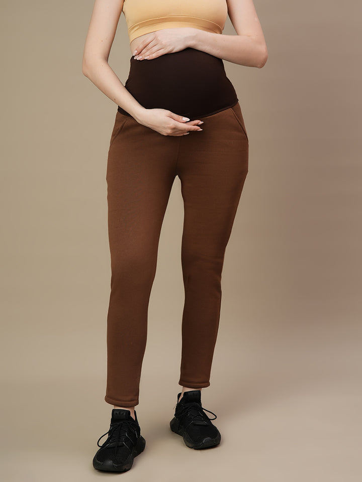 Winter Fleece Maternity Hoodie Set- Brown