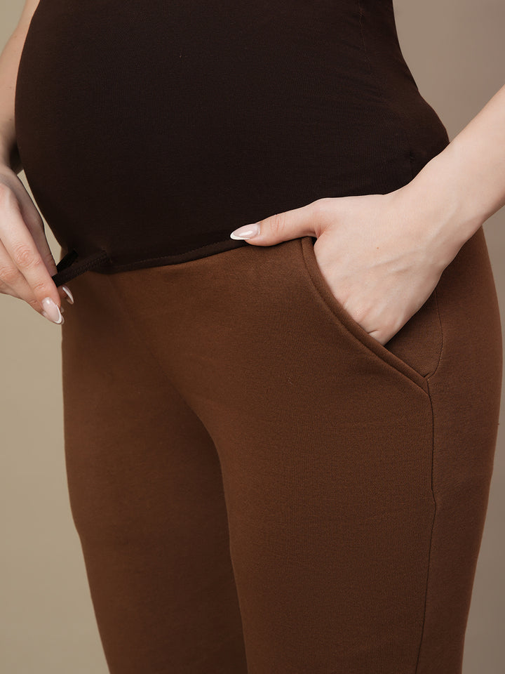 Winter Fleece Maternity Hoodie Set- Brown