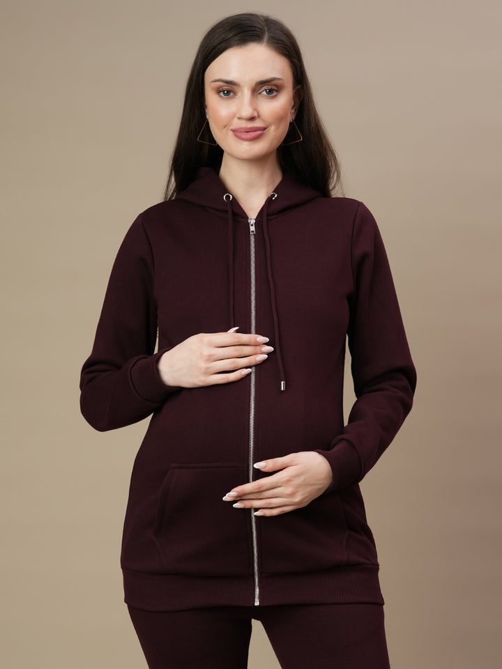 Winter Fleece Maternity Hoodie Set- Wine Berry