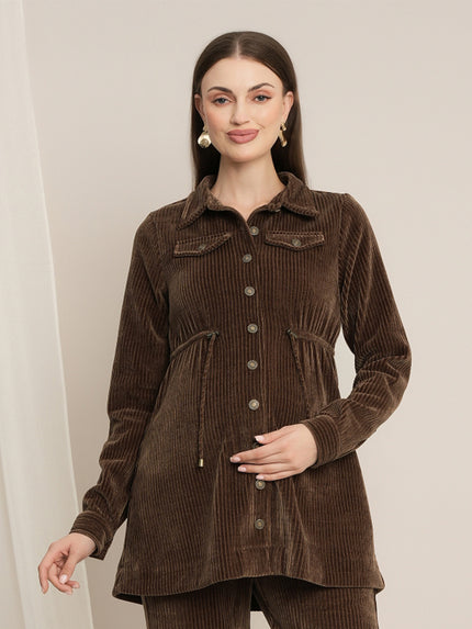 Brown Maternity Winter Longline Corduroy Shacket