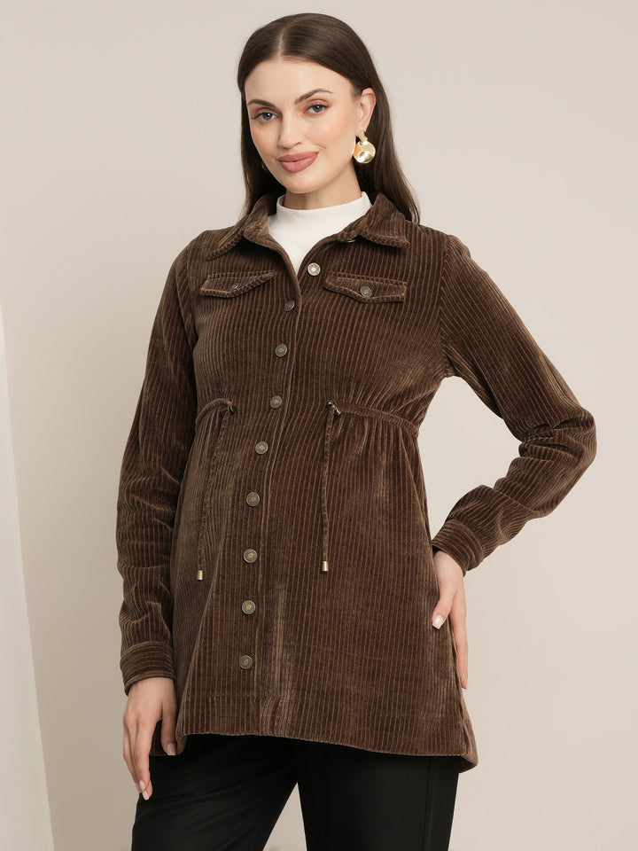 Brown Maternity Winter Longline Corduroy Shacket